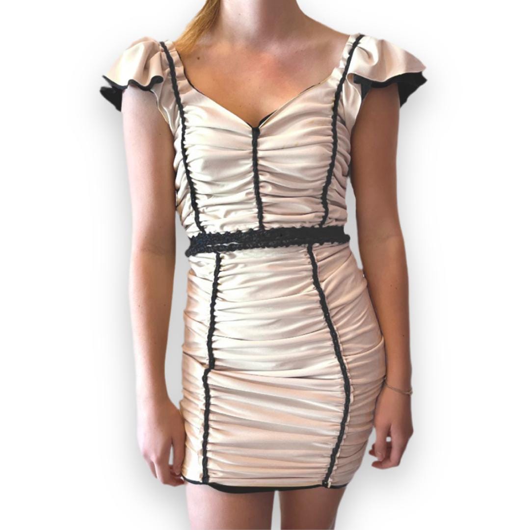 TWO PIECE SET flutter sleeve top and matching mini skirt • black and cream