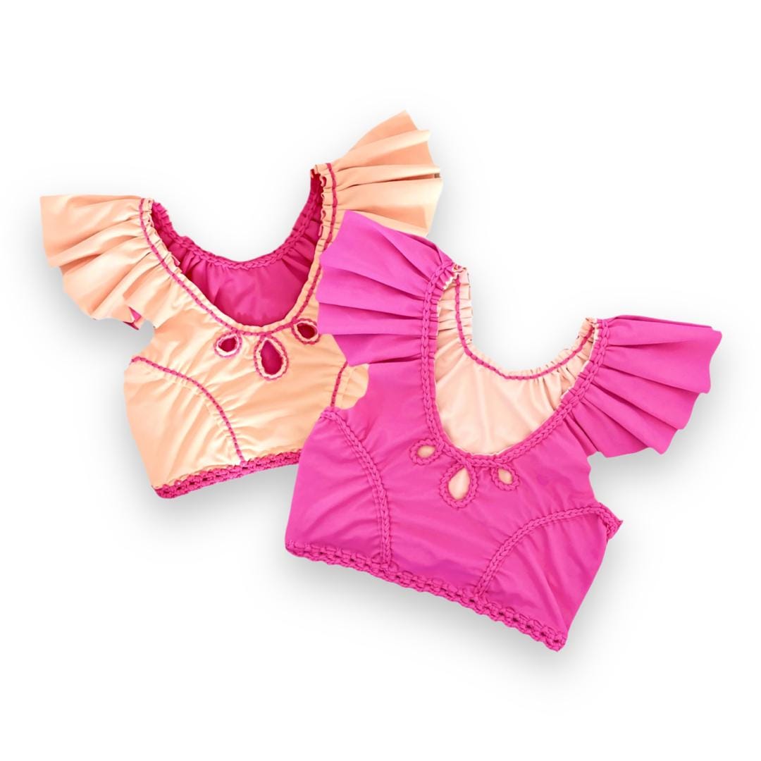 CROCHETED RODEO FLUTTER SLEEVE TOP • hot pink and bright peach