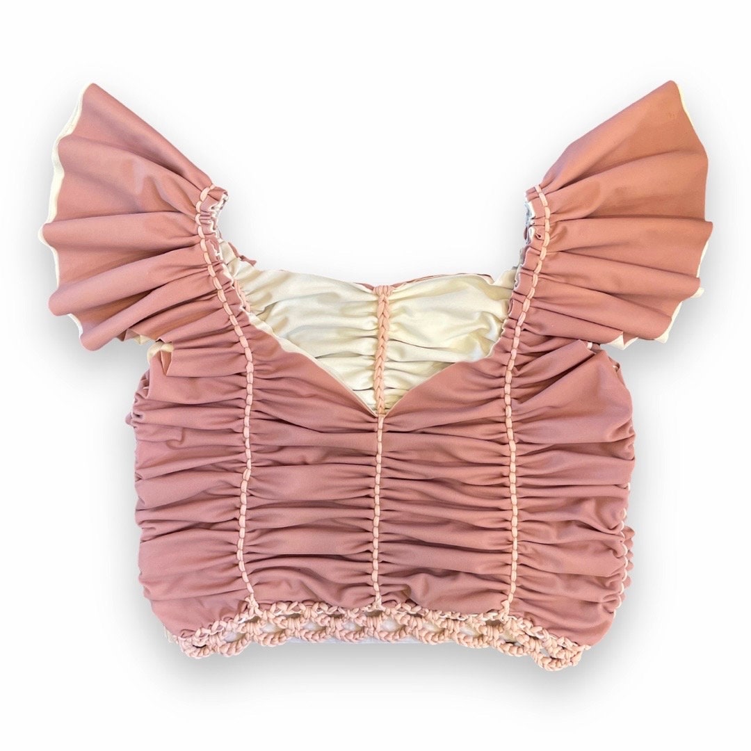 REVERSIBLE CROCHETED FLUTTER SLEEVE TOP • rose and cream