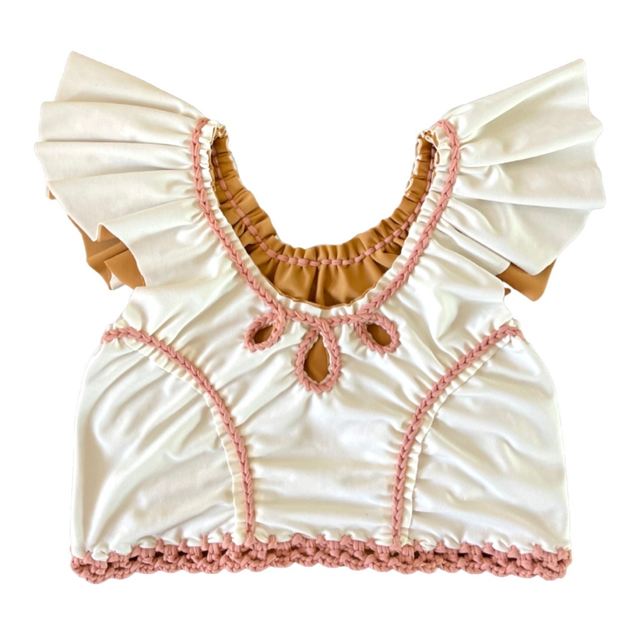 REVERSIBLE CROCHETED RODEO FLUTTER TOP • leather and cream