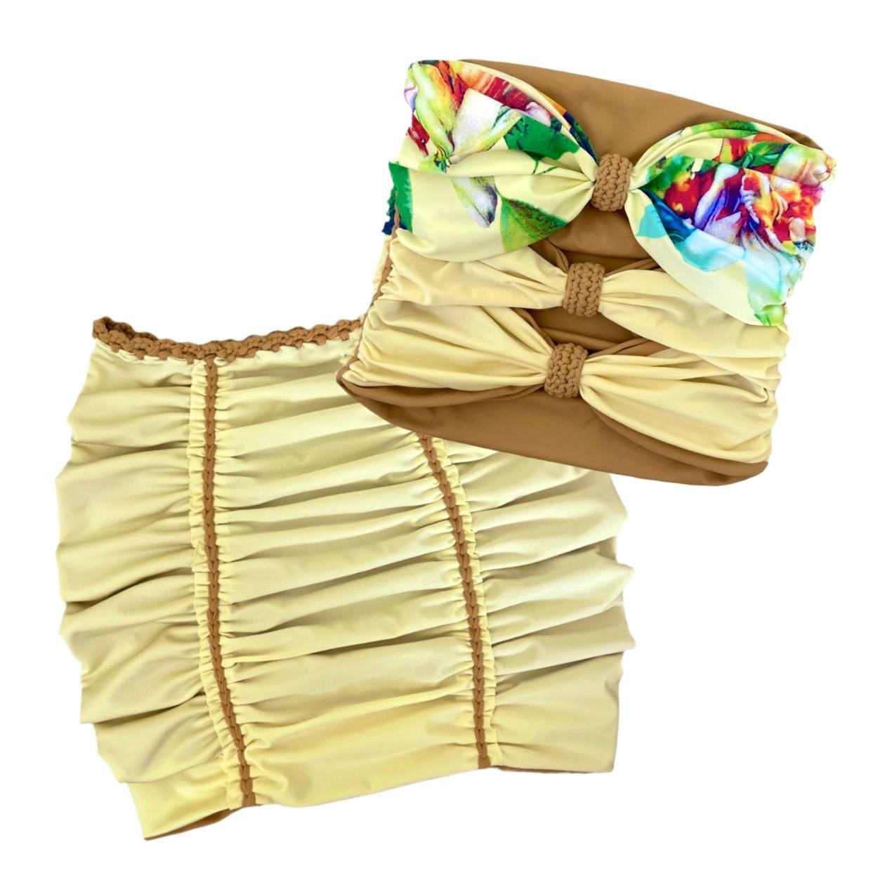 TWO PIECE SET 3 bow tube top and matching mini skirt • light yellow and leather with floral print