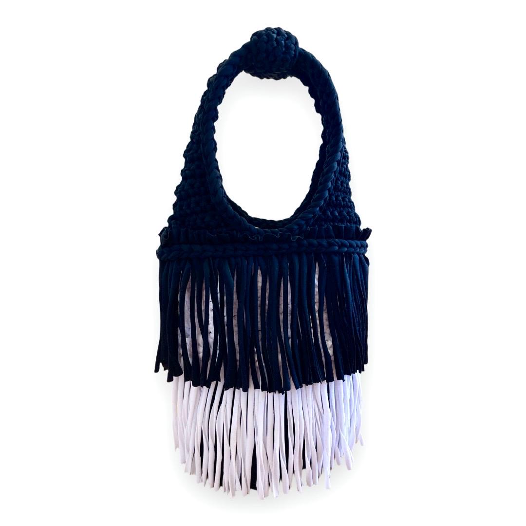 CROCHETED DOUBLE FRINGE TOTE • black and white