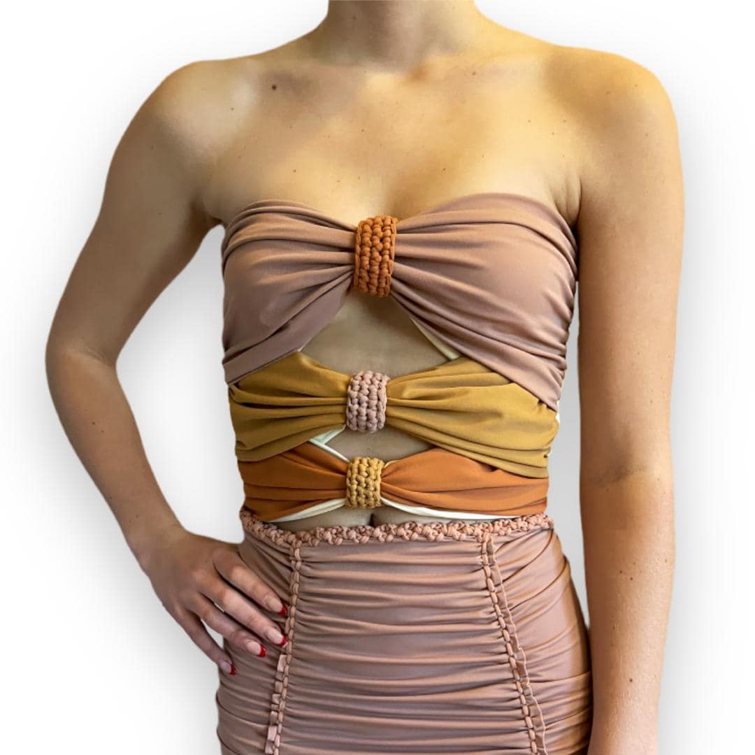 3 BOW TUBE TOP • cream copper rose gold leather