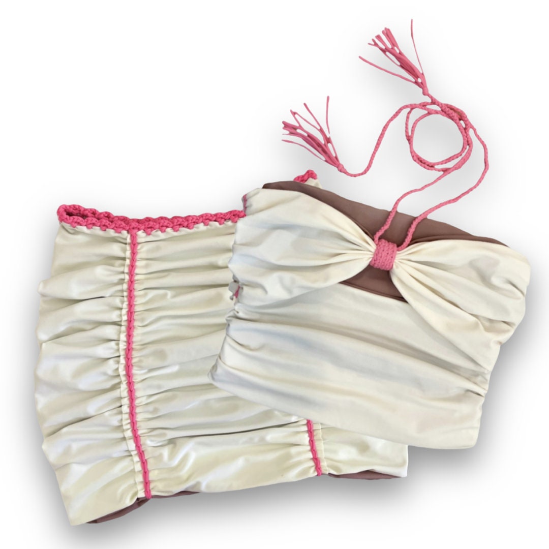TWO PIECE SET bow tie tube top and matching mini skirt • cream and rose with coral cord