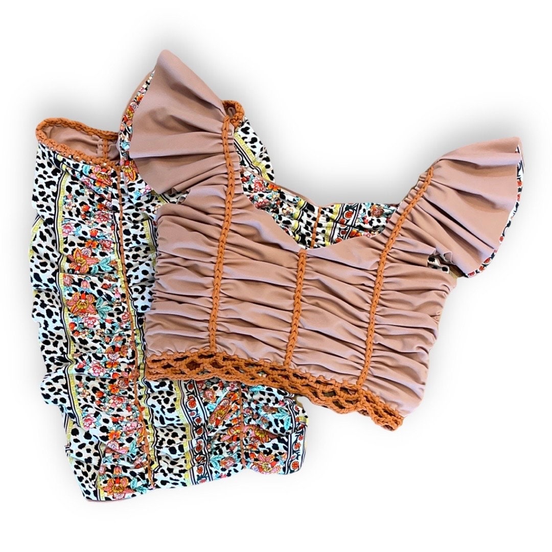 TWO PIECE SET flutter sleeve top and pencil mini skirt • rose and animal print