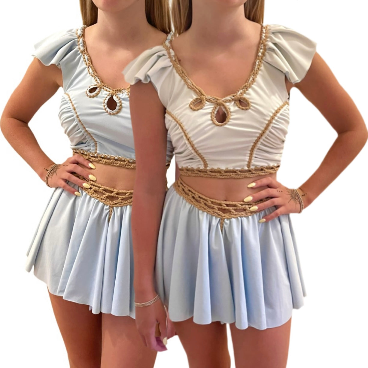TWO PIECE SET rodeo flutter sleeve top and mini shorts • white and sky