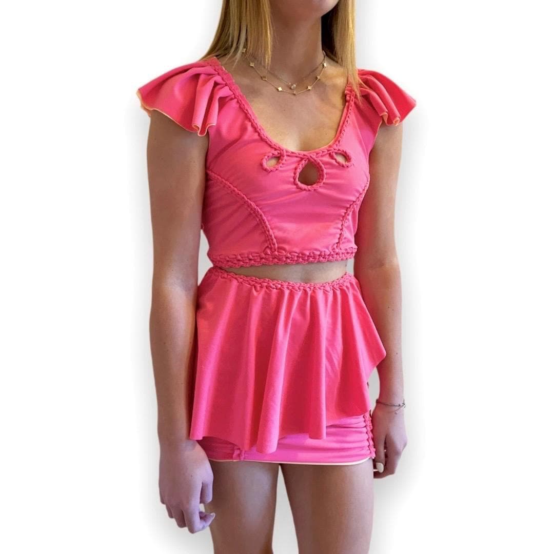 TWO PIECE SET rodeo flutter sleeve top and matching mini peplum skirt • coral and bright peach