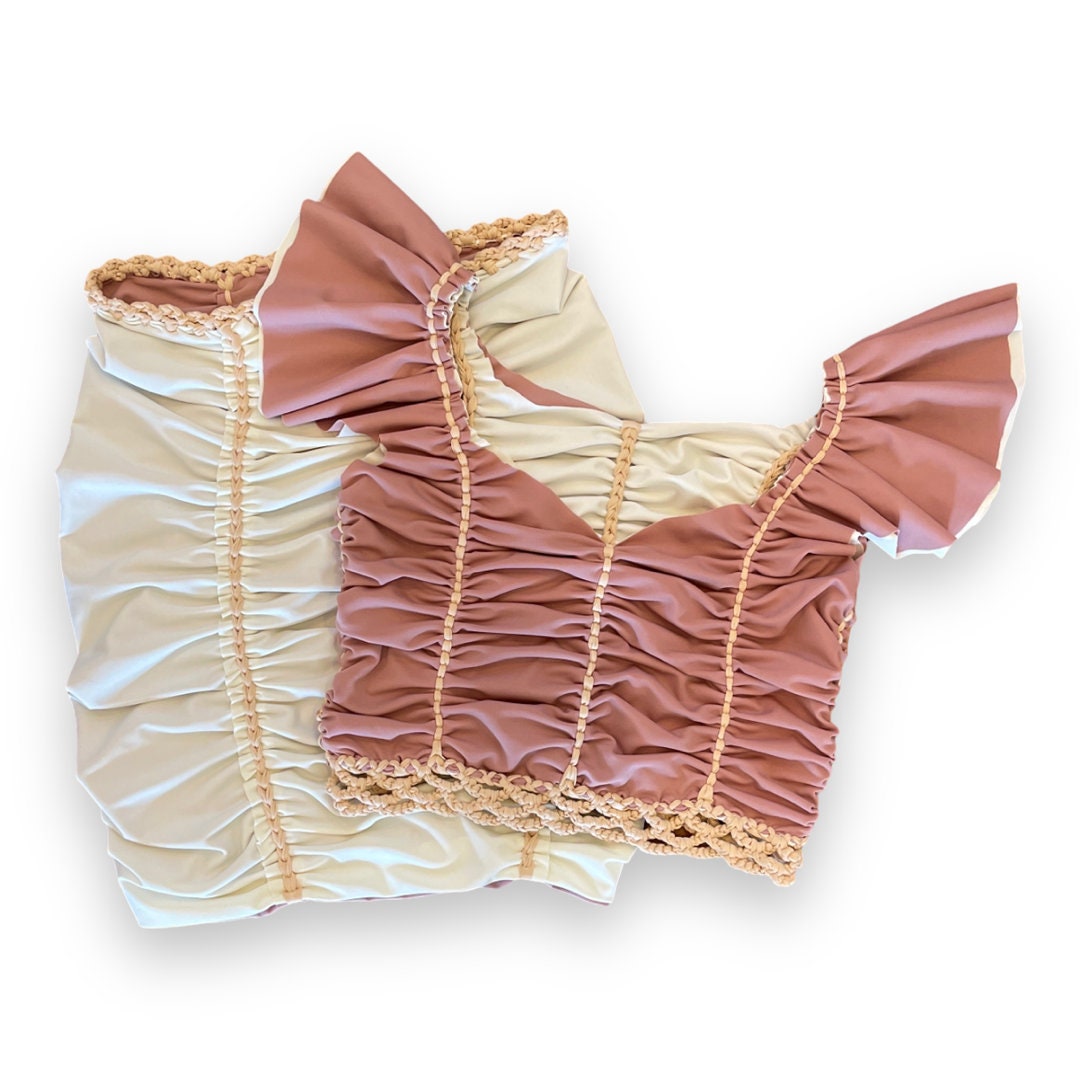 TWO PIECE SET flutter sleeve top and pencil mini skirt • blush and cream