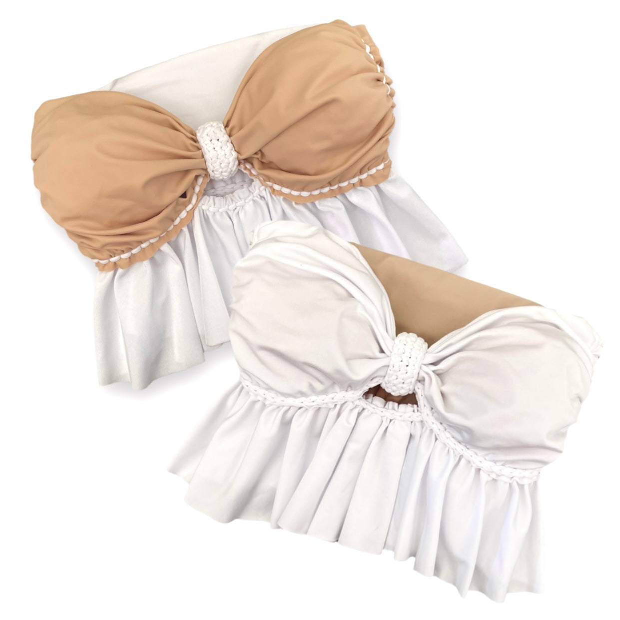 REVERSIBLE CROCHETED RUFFLE BOW TUBE TOP • white and clay