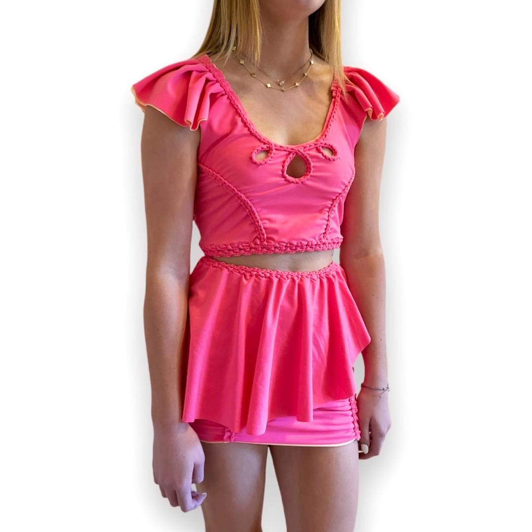 REVERSIBLE MINI PEPLUM SKIRT • hot pink and bright peach