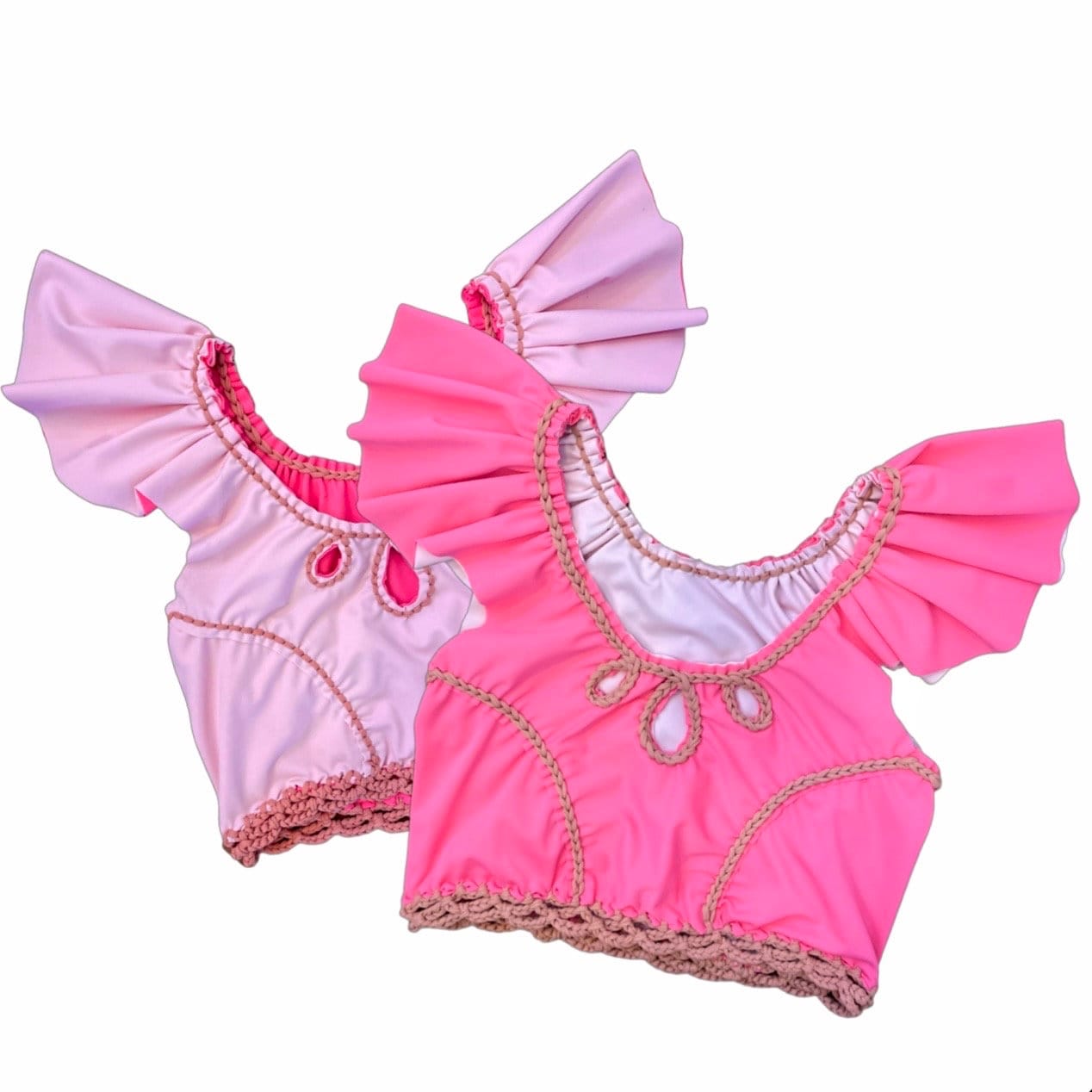 CROCHETED RODEO FLUTTER SLEEVE TOP • coral and pink