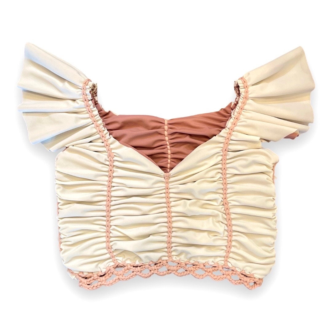 REVERSIBLE CROCHETED FLUTTER SLEEVE TOP • rose and cream
