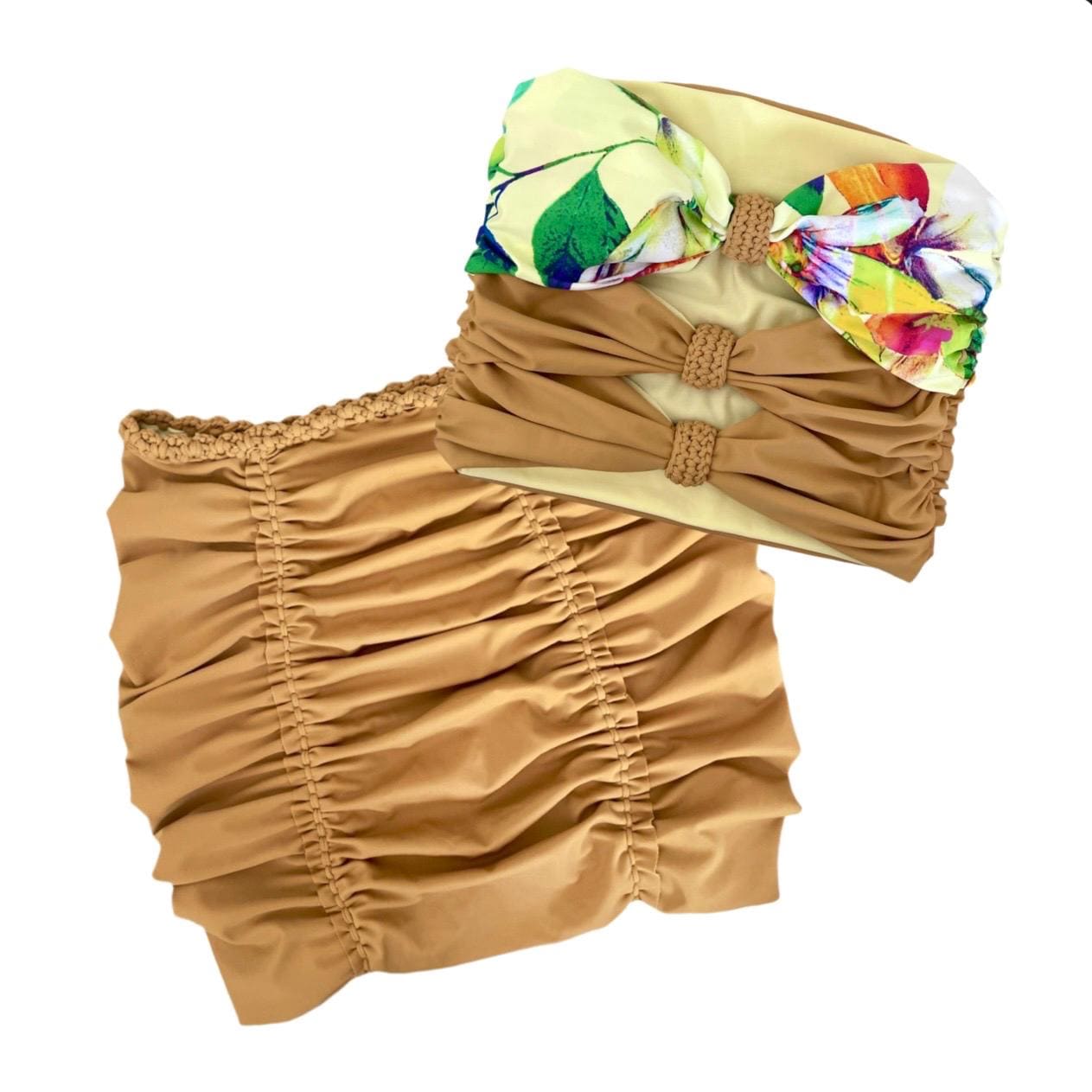 TWO PIECE SET 3 bow tube top and matching mini skirt • light yellow and leather with floral print