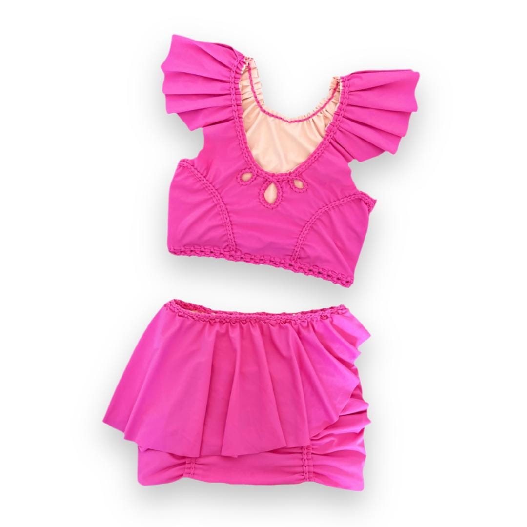 TWO PIECE SET rodeo flutter sleeve top and matching mini peplum skirt • coral and bright peach