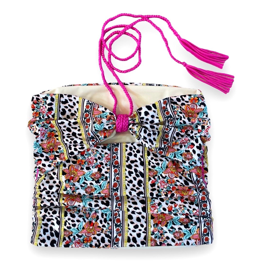 BOW TIE TUBE TOP • cream and animal print with hot pink cord