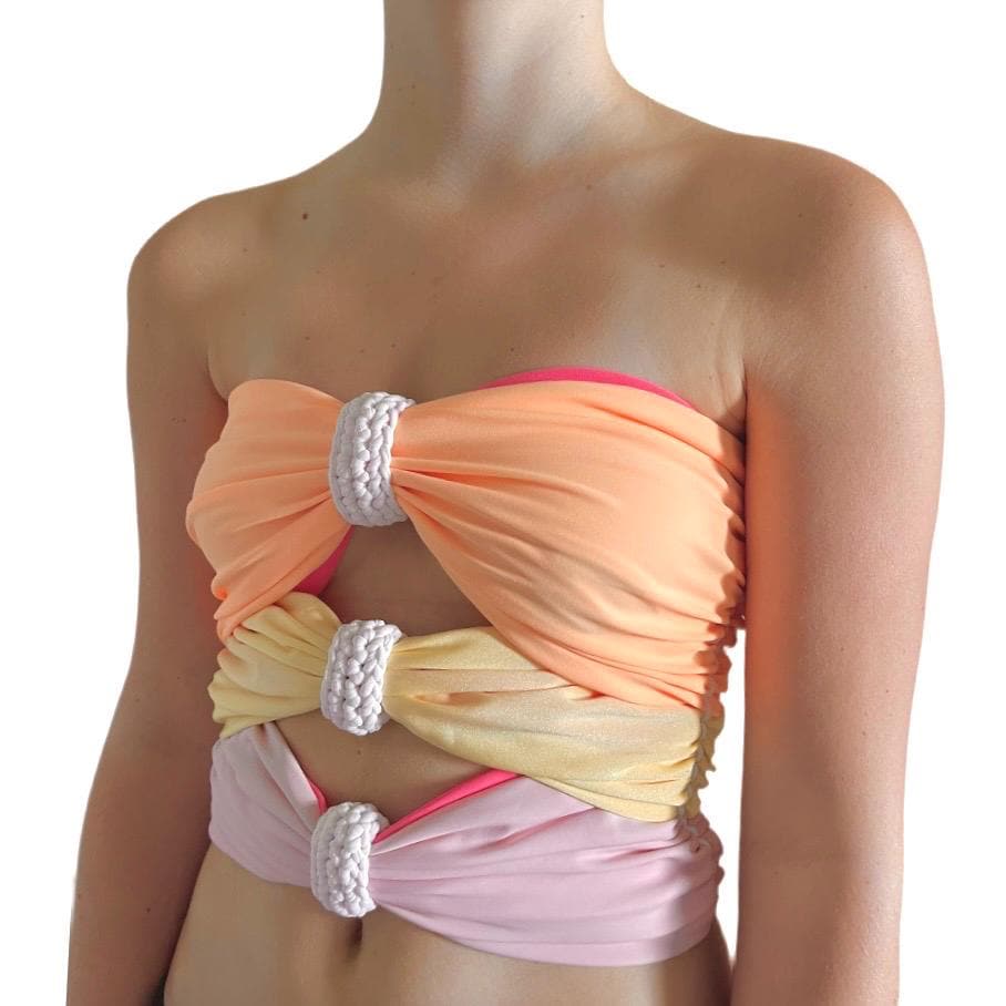 3 BOW TUBE TOP • pink yellow and peach with white cord