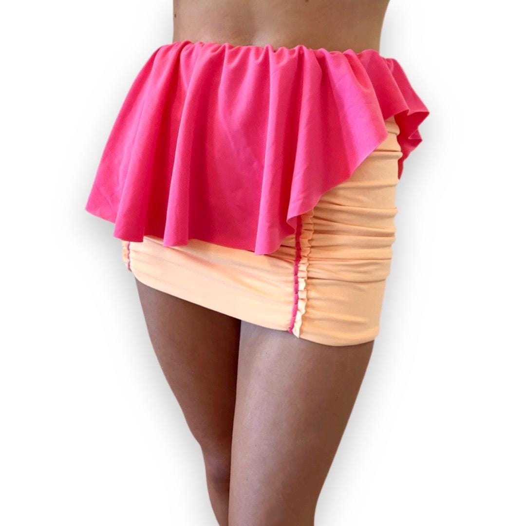 TWO PIECE SET rodeo flutter sleeve top and matching mini peplum skirt • coral and bright peach