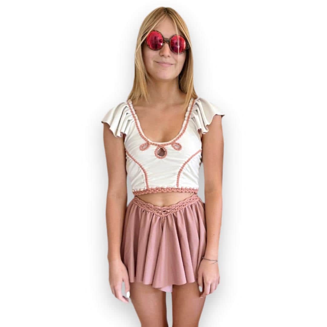 TWO PIECE SET rodeo flutter sleeve top and mini shorts • cream and rose
