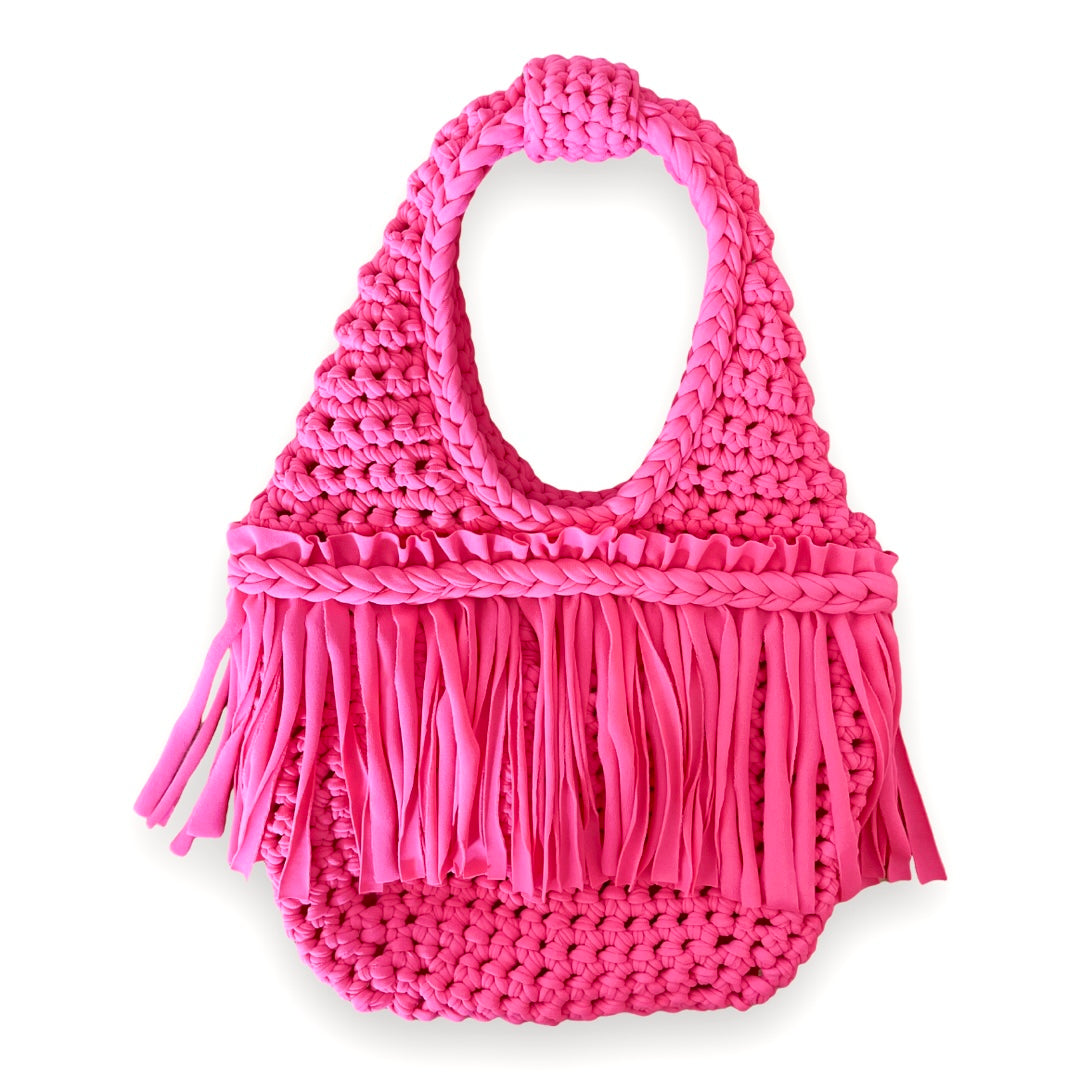 CROCHETED MINI FRINGE WRISTLET • coral