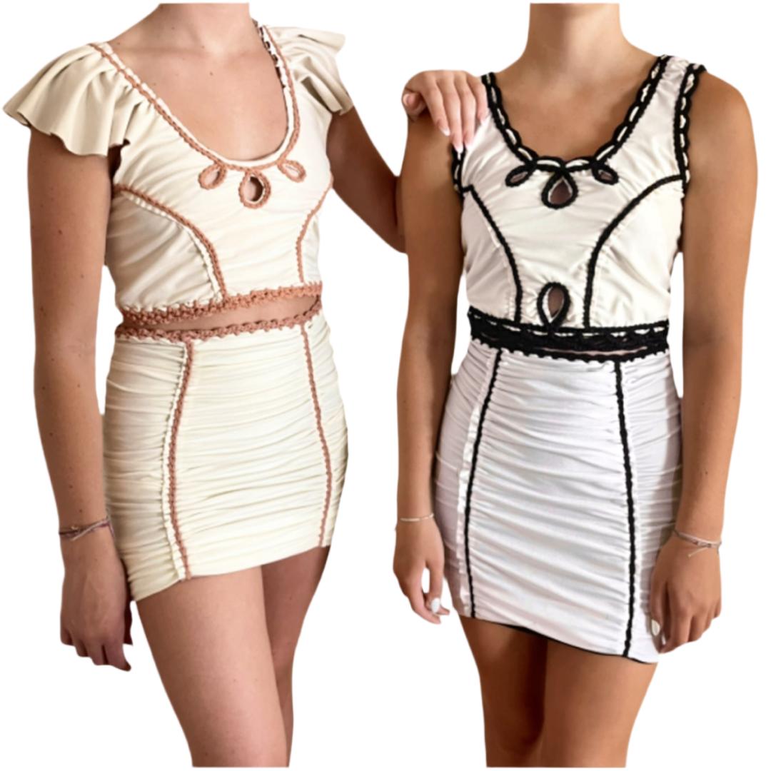 TWO PIECE SET rodeo flutter sleeve top and pencil mini skirt • cream and rose