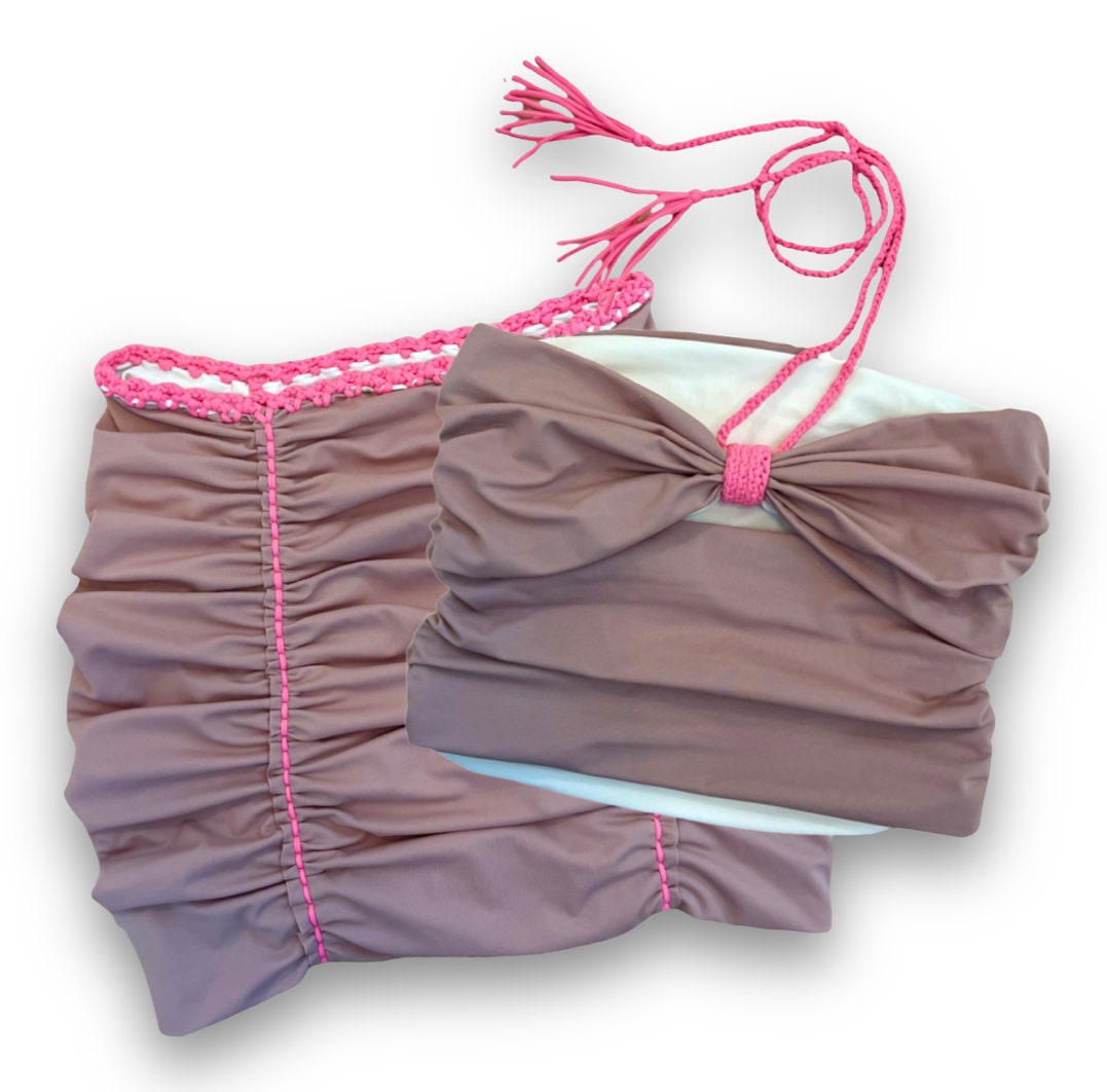 TWO PIECE SET bow tie tube top and matching mini skirt • cream and rose with coral cord