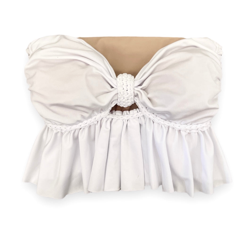 REVERSIBLE CROCHETED RUFFLE BOW TUBE TOP • white and clay
