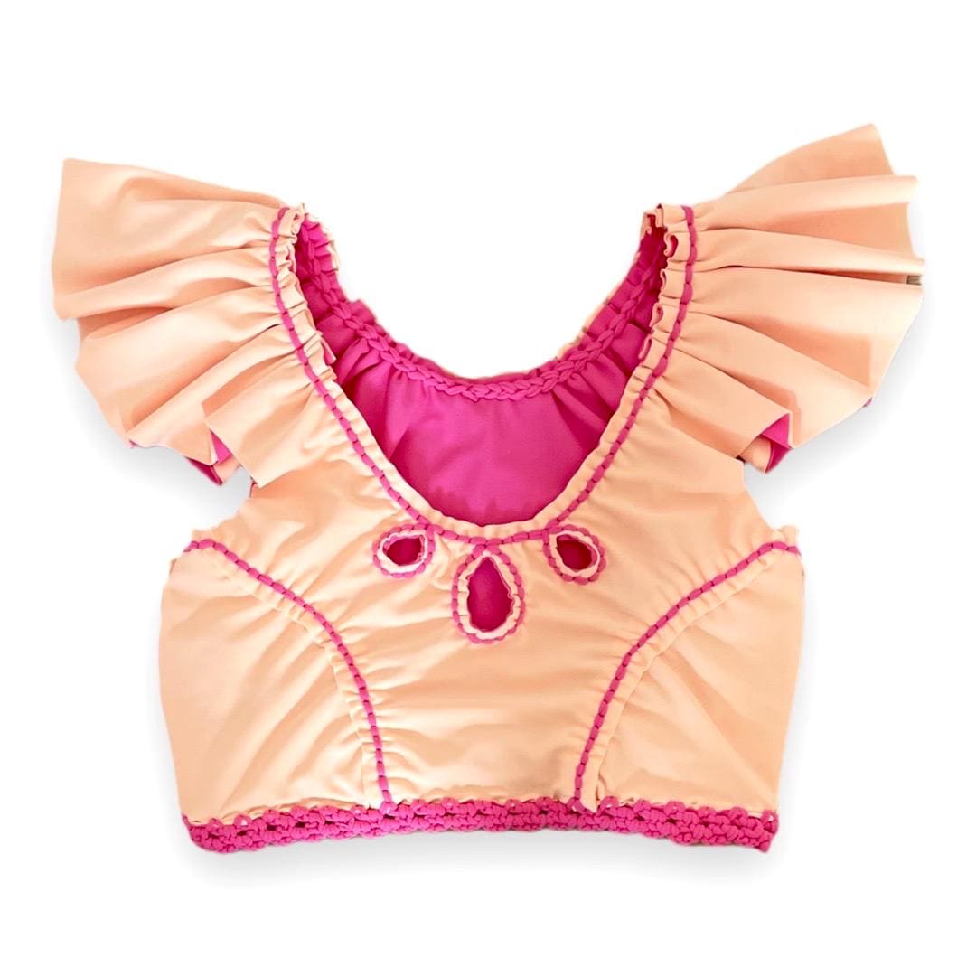 CROCHETED RODEO FLUTTER SLEEVE TOP • hot pink and bright peach