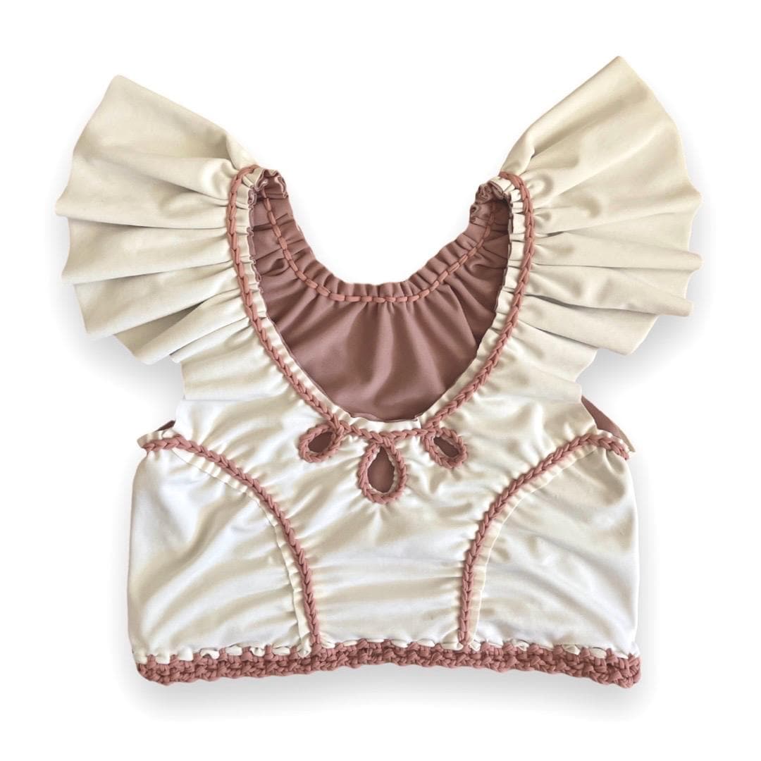 TWO PIECE SET rodeo flutter sleeve top and matching mini peplum skirt • cream and rose with blush cord