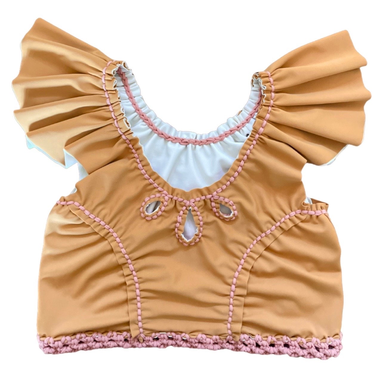 REVERSIBLE CROCHETED RODEO FLUTTER TOP • leather and cream