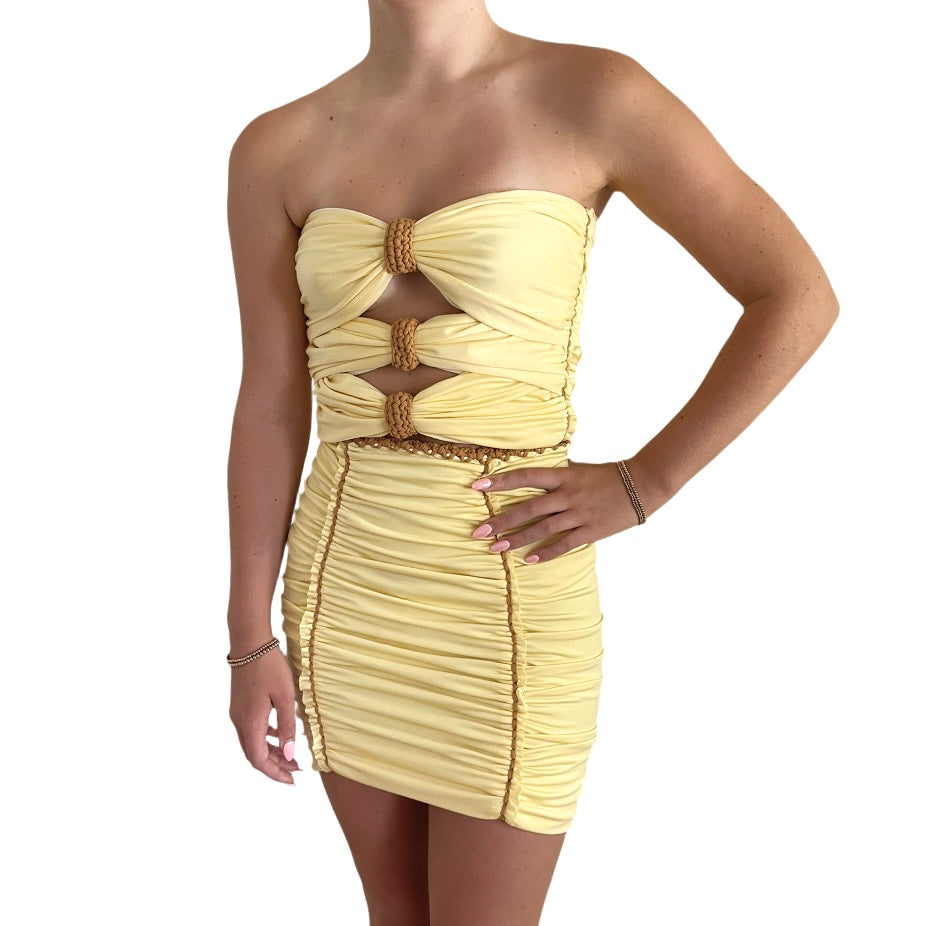 TWO PIECE SET 3 bow tube top and pencil mini skirt • yellow and cream with leather cord