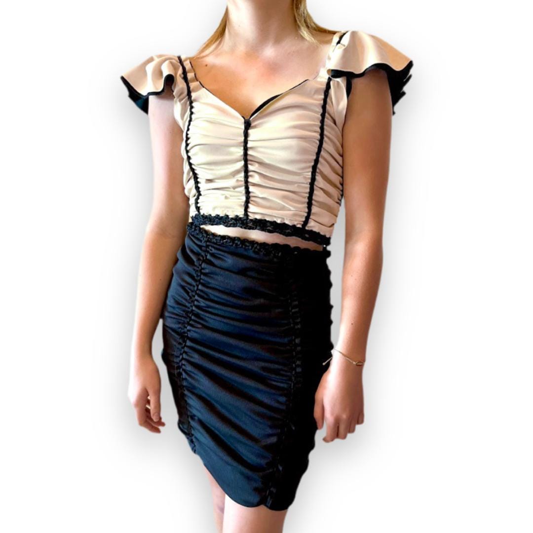 TWO PIECE SET flutter sleeve top and matching mini skirt • black and cream