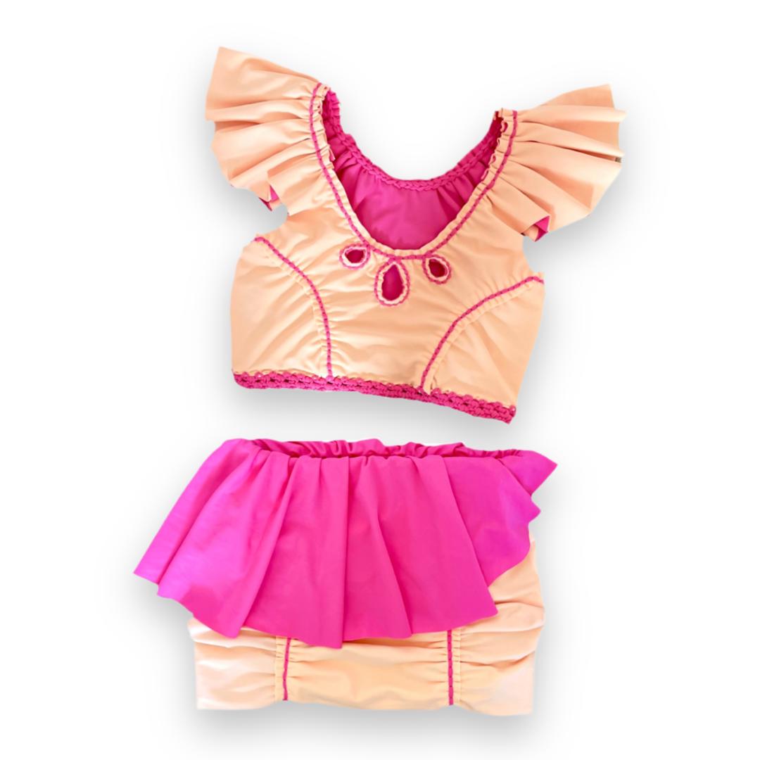 TWO PIECE SET rodeo flutter sleeve top and matching mini peplum skirt • coral and bright peach