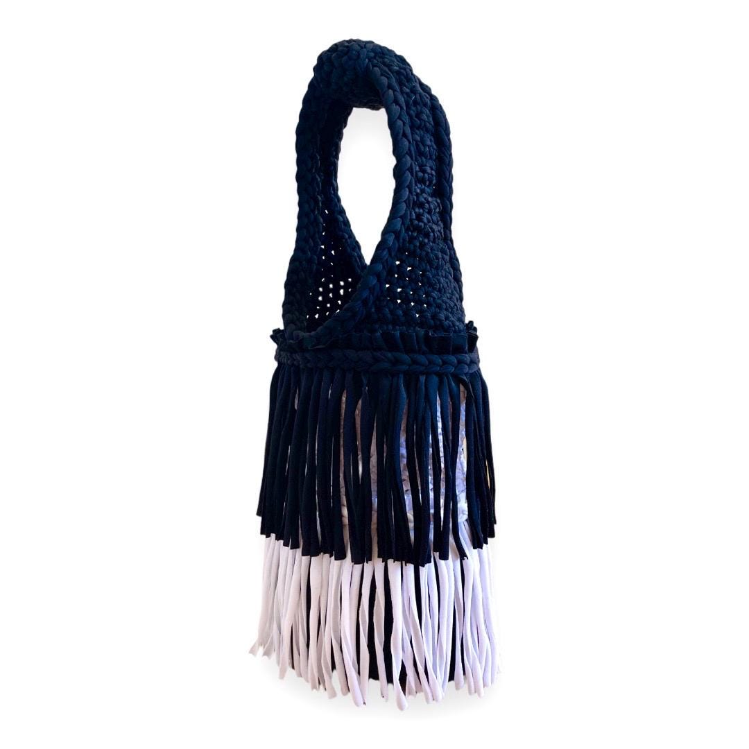 CROCHETED DOUBLE FRINGE TOTE • black and white