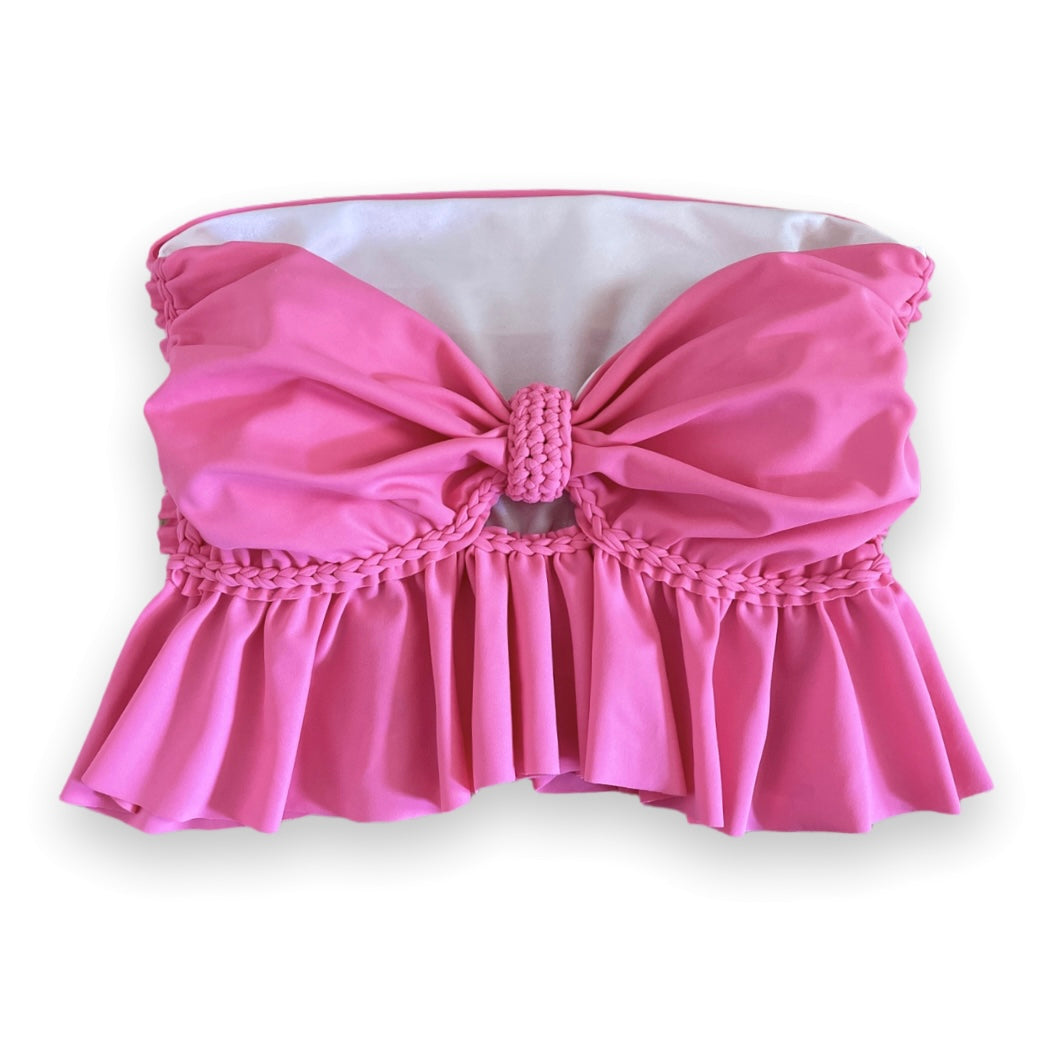 REVERSIBLE CROCHETED RUFFLE BOW TUBE TOP • coral and pink