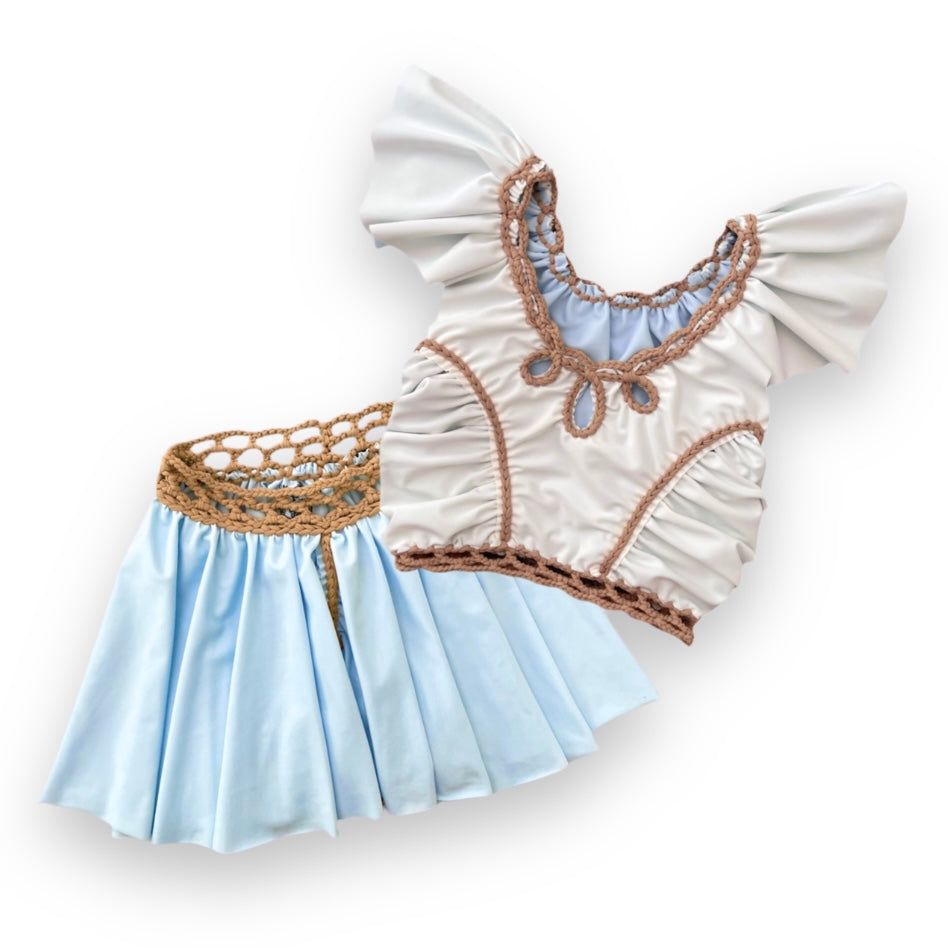 TWO PIECE SET rodeo flutter sleeve top and mini shorts • white and sky