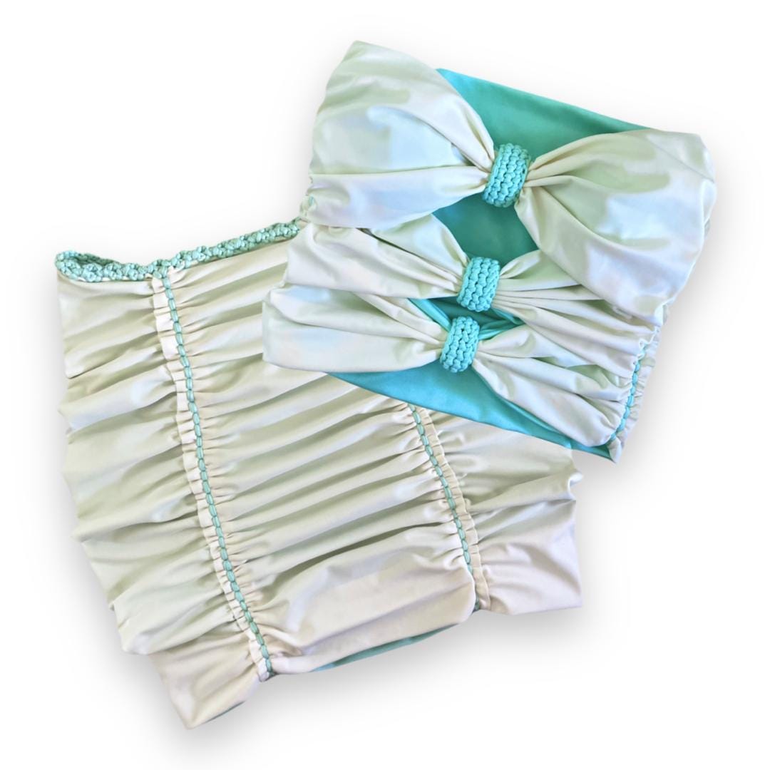TWO PIECE SET 3 bow tube top and pencil mini skirt • aqua and cream