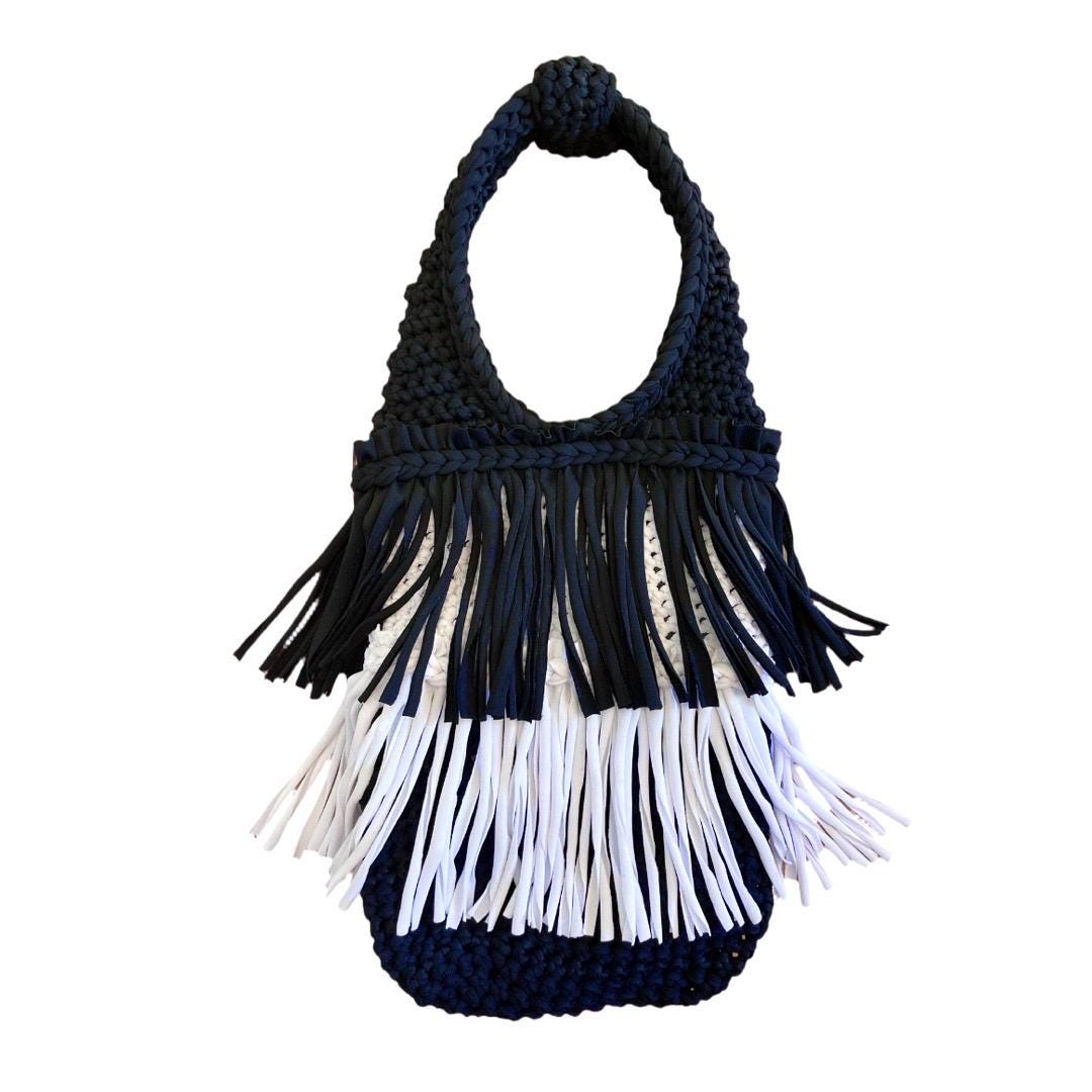 CROCHETED DOUBLE FRINGE TOTE • black and white