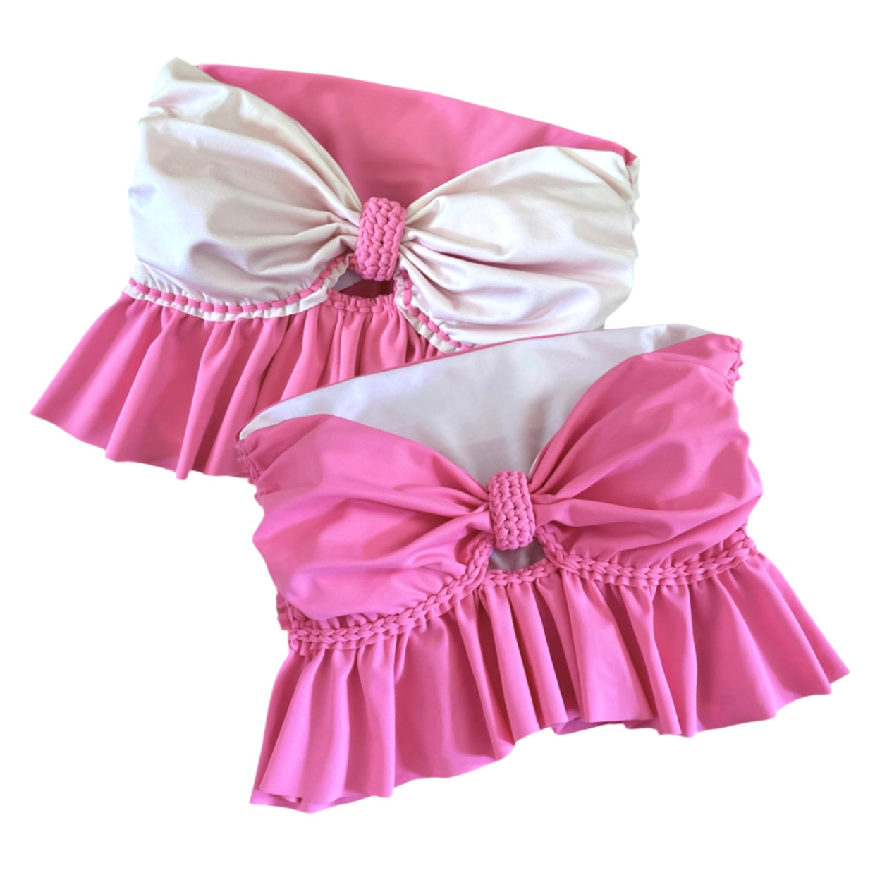 REVERSIBLE CROCHETED RUFFLE BOW TUBE TOP • coral and pink