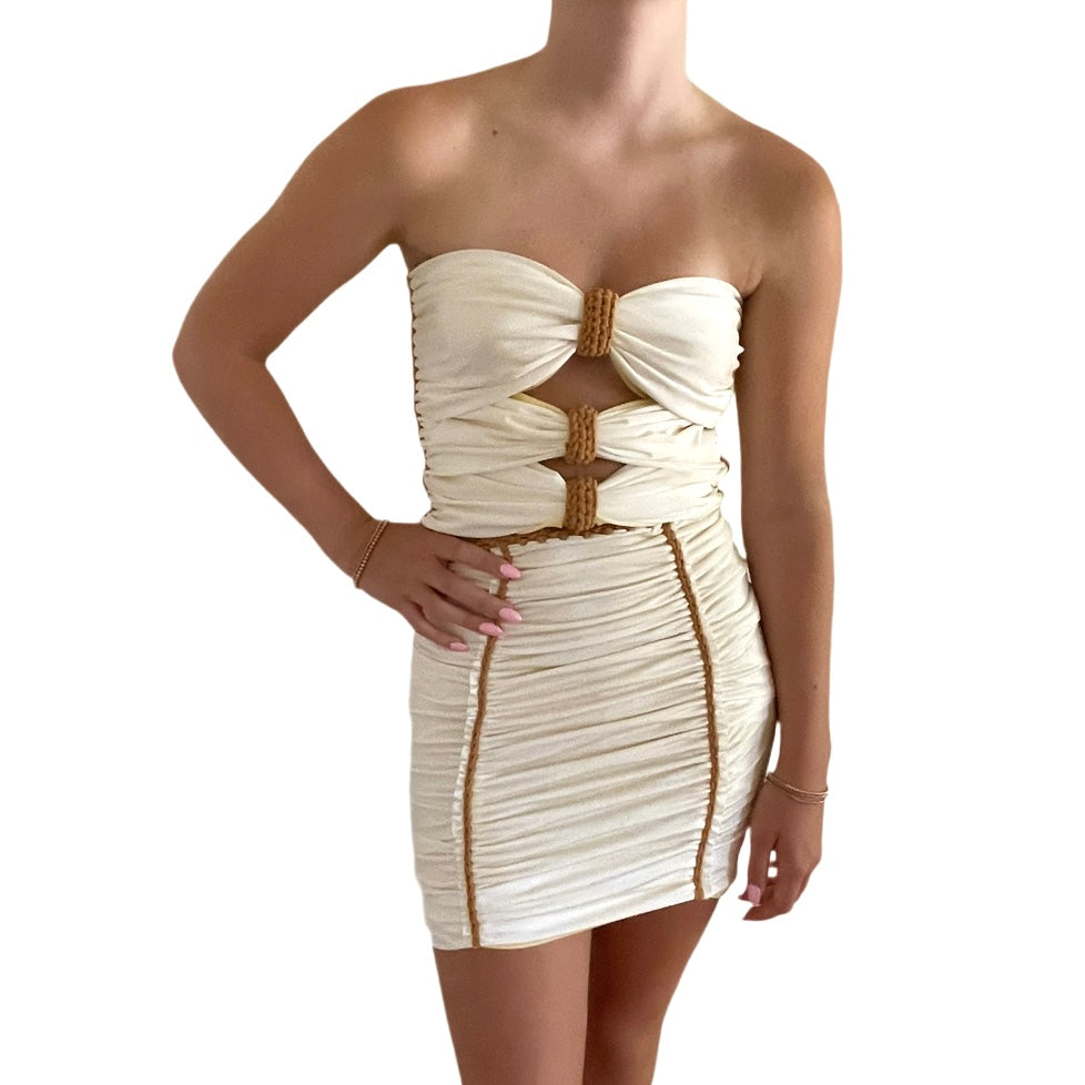 TWO PIECE SET 3 bow tube top and pencil mini skirt • yellow and cream with leather cord