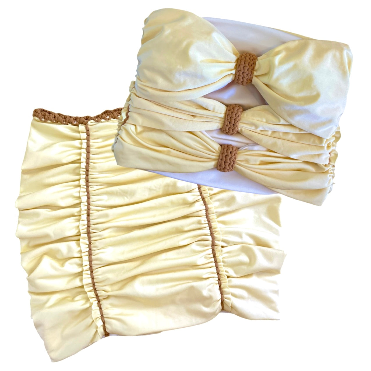 TWO PIECE SET 3 bow tube top and pencil mini skirt • yellow and cream with leather cord
