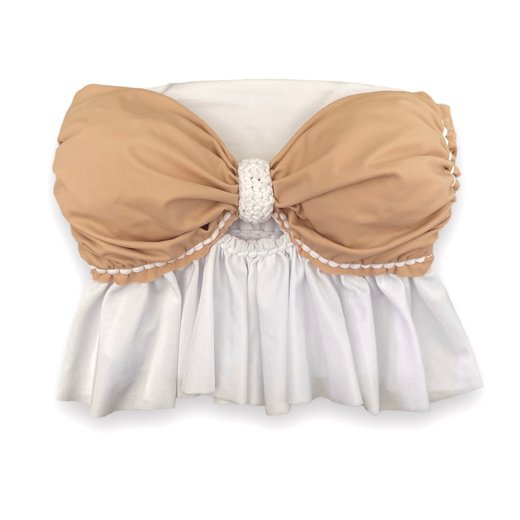 REVERSIBLE CROCHETED RUFFLE BOW TUBE TOP • white and clay