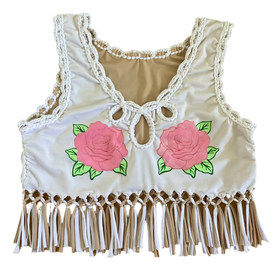 CROCHETED FRINGE ROSE TOP • white and clay