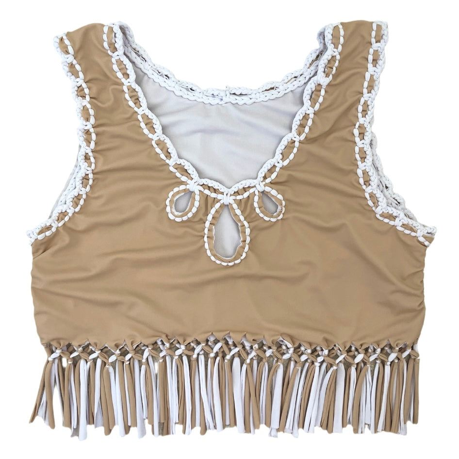 CROCHETED FRINGE ROSE TOP • white and clay
