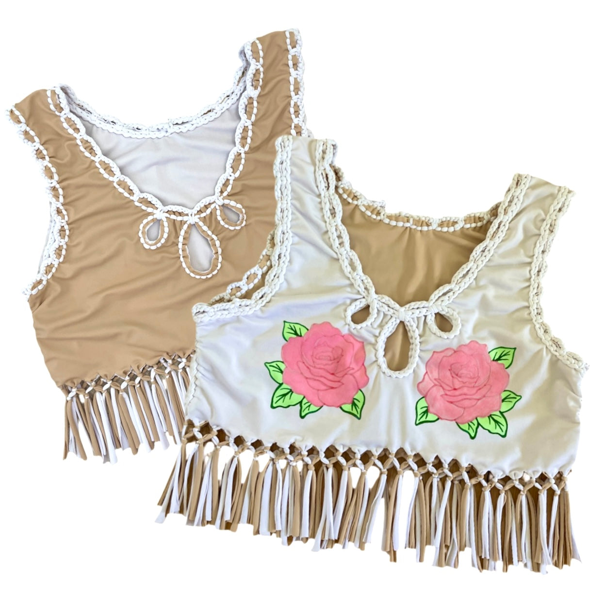 CROCHETED FRINGE ROSE TOP • white and clay