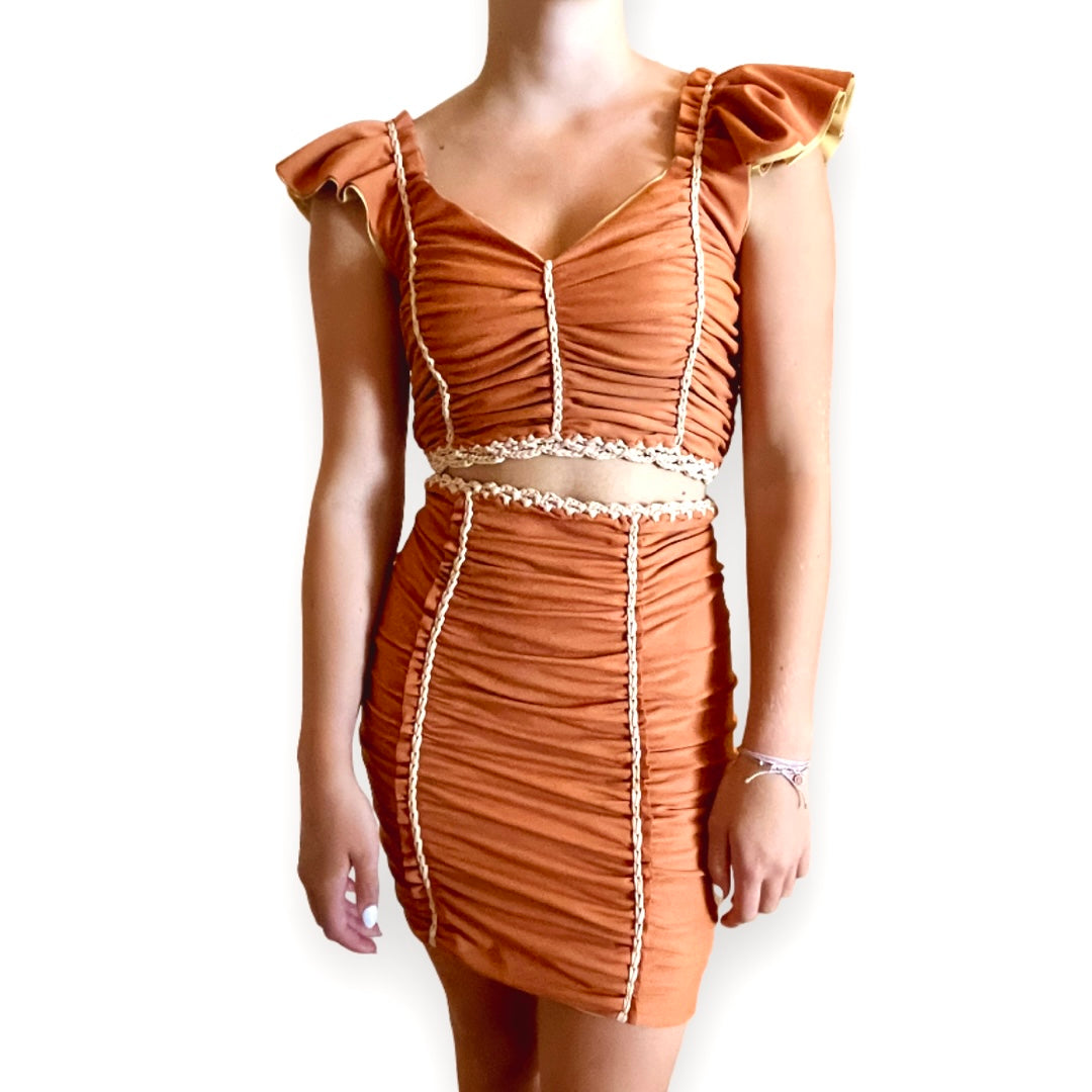 TWO PIECE SET flutter sleeve top and pencil mini skirt • copper and gold