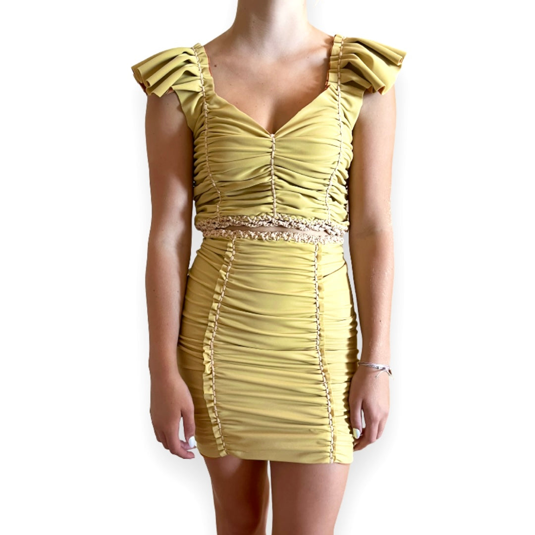 TWO PIECE SET flutter sleeve top and pencil mini skirt • copper and gold