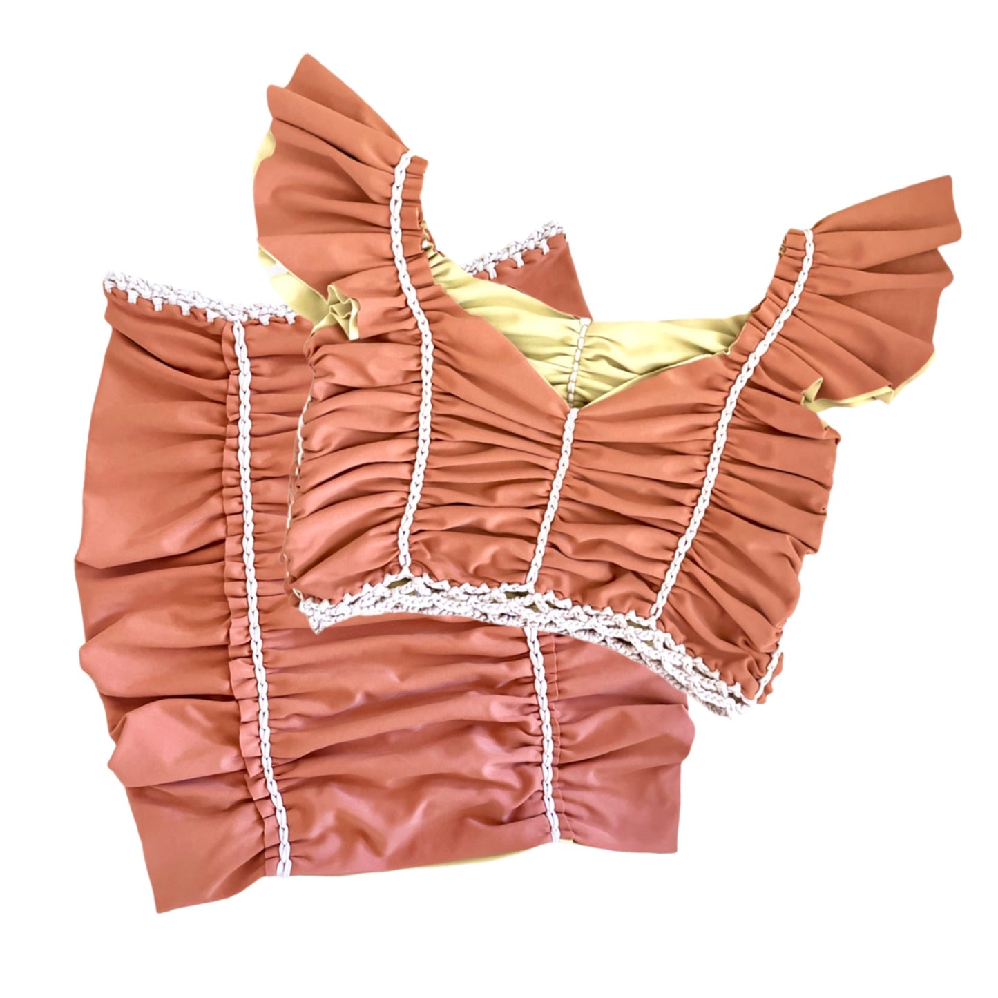 TWO PIECE SET flutter sleeve top and pencil mini skirt • copper and gold