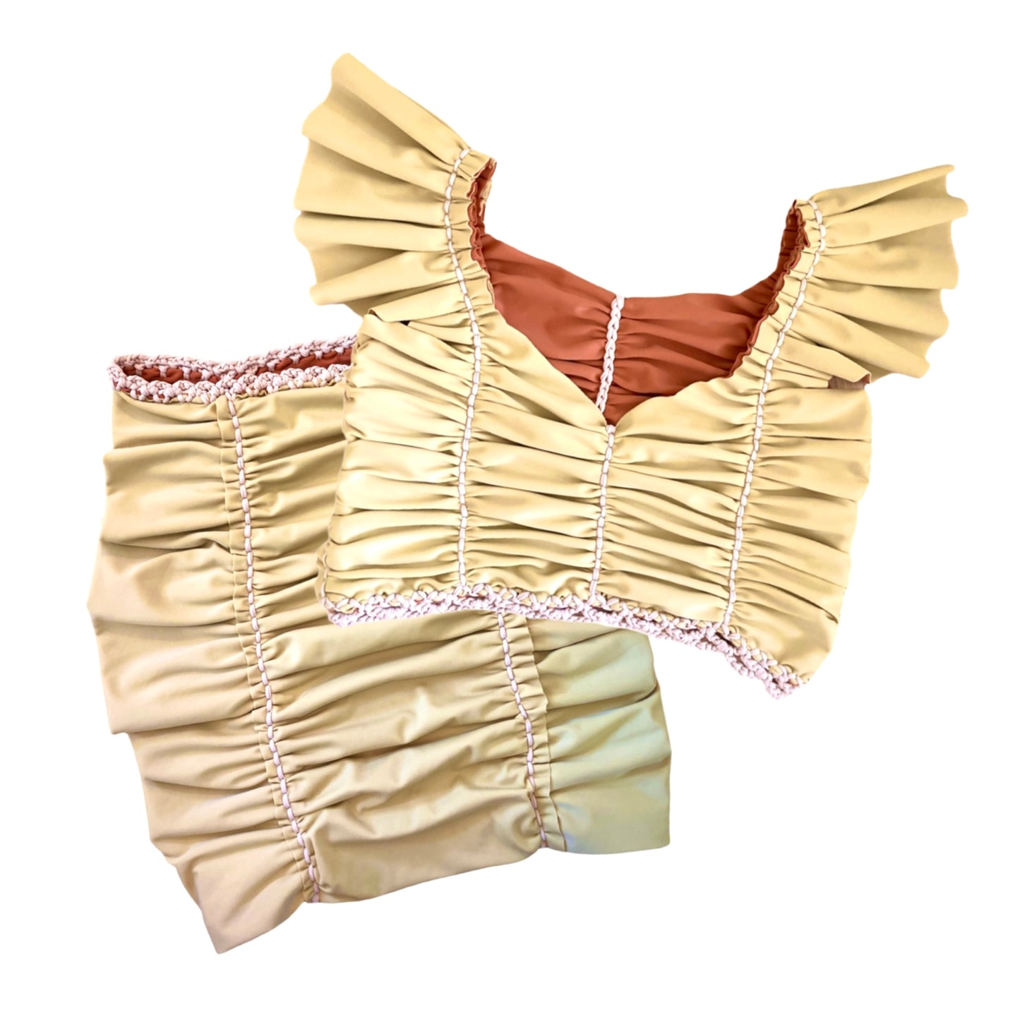 TWO PIECE SET flutter sleeve top and pencil mini skirt • copper and gold