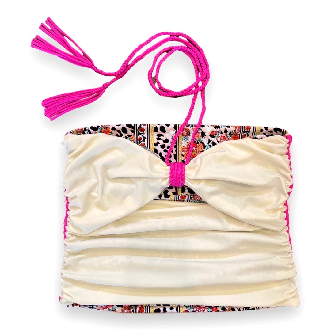 BOW TIE TUBE TOP • cream and animal print with hot pink cord