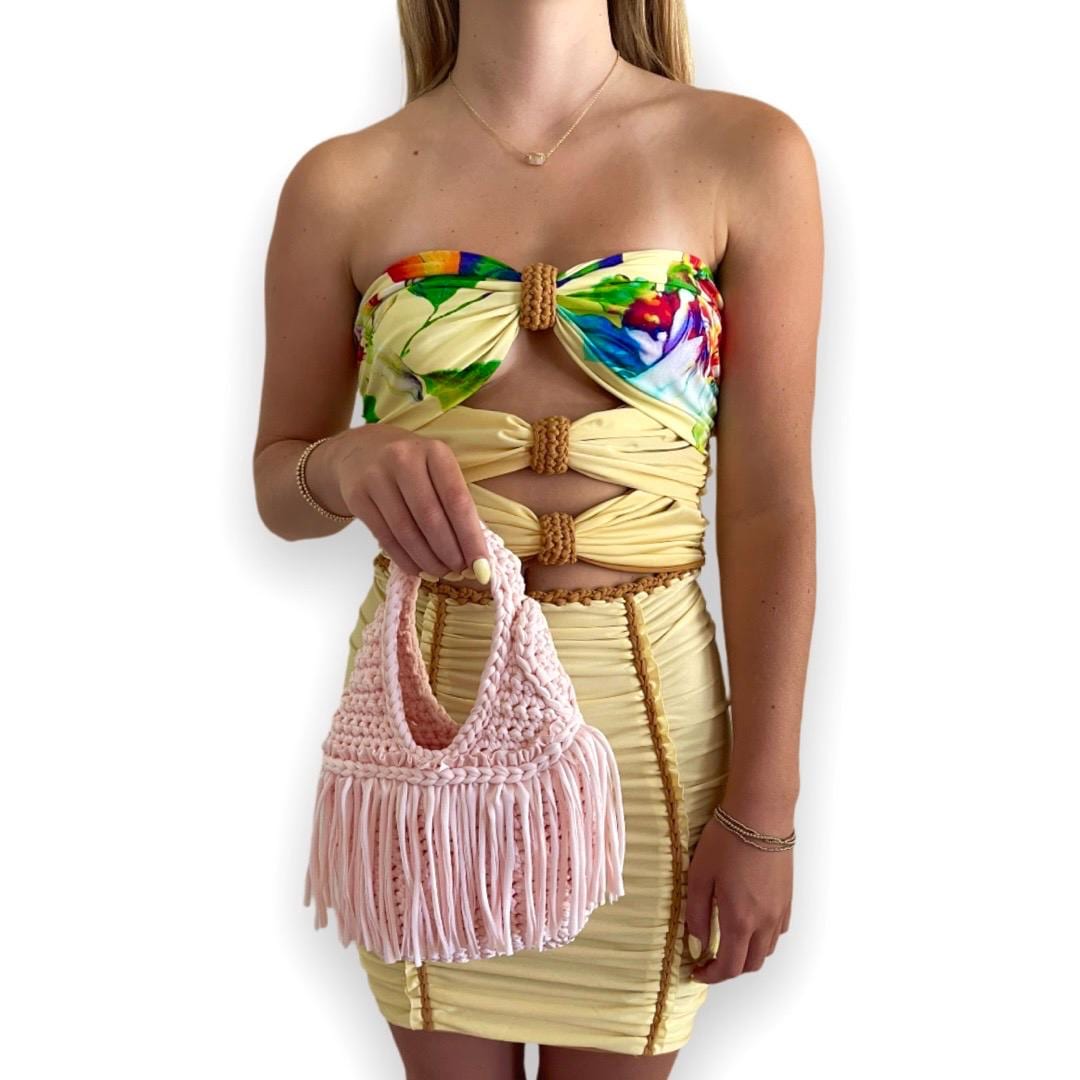 TWO PIECE SET 3 bow tube top and matching mini skirt • light yellow and leather with floral print